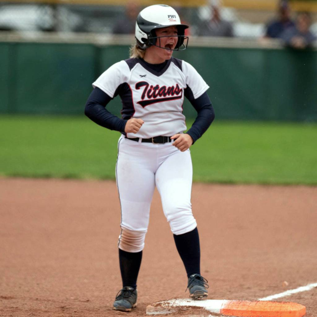 ALEC DIETZ | THE CHRONICLE PWVs Merissa Frasier celebrates after a single against Adna in the 2B state title game at Yakima Gateway Sports Complex May 28.