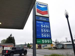 Allen Leister | The Daily World 
While Washington state holds an average gas price of $5.40, its not uncommon to see even higher prices across Grays Harbor County, such as at the Chevron station in Cosmopolis.