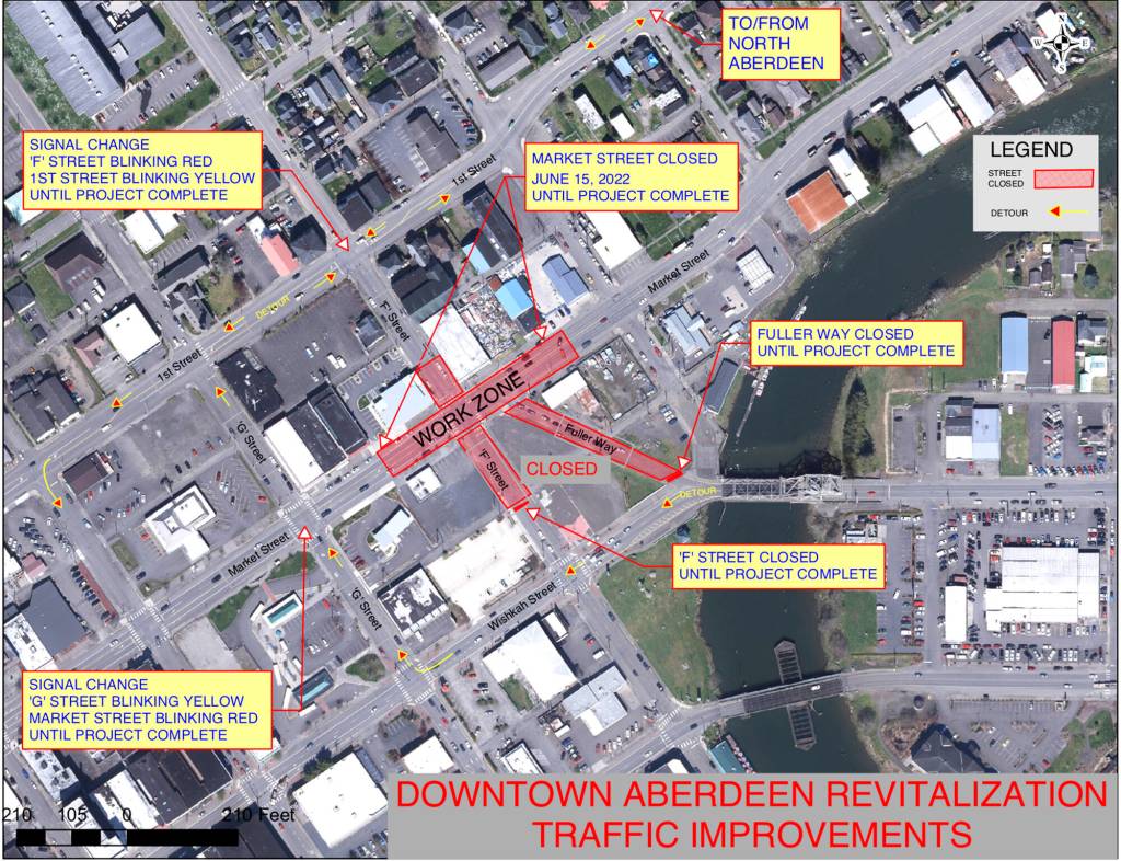 In a Wednesday, June 8 update from the City of Aberdeen, the aerial map shows the changes that drivers will have to make during their travels around the intersection of East Market Street, F Street, and Fuller Way, which will close Wednesday, June 15. The intersection will remain closed until the project is finished in September. Those who usually drive down that area of East Market Street will have to use East 1st Street to connect them to Downtown Aberdeen. (Provided photo)