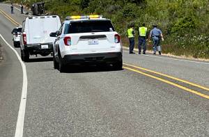 Washington State Patrol SUVs and a coroners office van were on-scene as several WSP troopers investigate the scene of a fatal crash that happened on Friday morning, July 8, 2022, on Washington State Route 109 at milepost 5. (Matthew N. Wells | The Daily World)