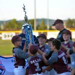 RYAN SPARKS | THE DAILY WORLD The Montesano Little League All-Stars hoist the 10U District 3 trophy after defeating Larch Mountain 13-11 on Thursday at Pioneer Park in Aberdeen.