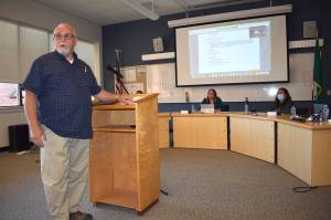 Matthew N. Wells | The Daily World
Keith Bloom, construction manager for the Stewart Field Turf Project, gave an update on the project that left Aberdeen High School football players, Aberdeens head football coach Todd Bridge, and a few parents, upset. The update provided information on why the projects completion date could force Aberdeens first two home football games to be played in Hoquiam and Montesano.