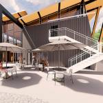 An artist rendering from 2021 shows what the proposed 20,000-square-foot Gateway Center is supposed to look like. This shows the cafe spaces outdoor seating. (Courtesy of Coates Design)