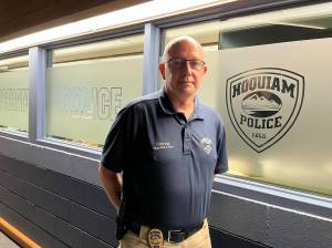 Hoquiam Police Department Chief Joe Strong, who was confirmed as chief by the city of Hoquiam on Monday, Aug. 8, 2022, also has a new leadership team with two new lieutenants and three new sergeants. The six were promoted in what Strong called a historic night, for the the city. (Matthew N. Wells | The Daily World)