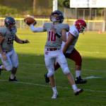 RYAN SPARKS | THE DAILY WORLD Hoquiam quarterback Zander Jump (10) throws one of his three touchdown passes during the Grizzlies 49-28 victory on Thursday in Hoquiam.