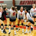 PHOTO BY LARRY BALE The Raymond Seagulls celebrate a point during a straight-set victory over Rainier on Thursday, Sept. 8, 2022 at Raymond High School.