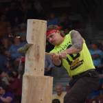 photos by Matthew N. Wells | The Daily World
Michael Pakos heaves an axe at the wood  at least 12 inches in diameter  during the springboard chop on Saturday, Sept. 10, 2022, at the Loggers Playday Show at Olympic Stadium. Pakos finished third in the event with a time of 1:34:44. Tristan VanBeek won the event with a time of 1:16:08. According to the Hoquiam Loggers Playday program, its one of the favorite events that takes place during Hoquiam Loggers Playday.