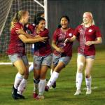 PHOTO BY BEN WINKELMAN Hoquiam players (from left) Maci Winkelman, Yazmin Garcia-Lopez, Sophia Estrada and Chloey Dietrick celebrate Garcia-Lopezs goal early in the second half of the Grizzlies 1-0 win on Tuesday, Sept. 20, 2022 at Olympic Stadium in Hoquiam.