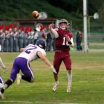 PHOTO BY BEN WINKELMAN Hoquiam quarterback Zander Jump (10) throws a pass during the Grizzlies 63-20 loss to Nooksack Valley on Friday, Sept. 23, 2022 at Olympic Stadium in Hoquiam.