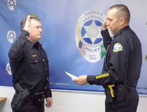 Provided photo
Dale Green, left, with then-Aberdeen Police Chief Steve Shumate, seen being sworn in as police commander in February 2020. When Shumate retired June 30, Green became APDs interim police chief. Green could become APDs chief of police with an Aberdeen City Council vote on Wednesday, Sept. 28.