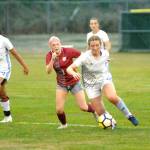 RYAN SPARKS | THE DAILY WORLD Elma midfielder Amaya Lewis, right, competes for possession with Hoquiams Chloey Dietrick during the Eagles 4-0 victory on Tuesday at Olympic Stadium in Hoquiam.