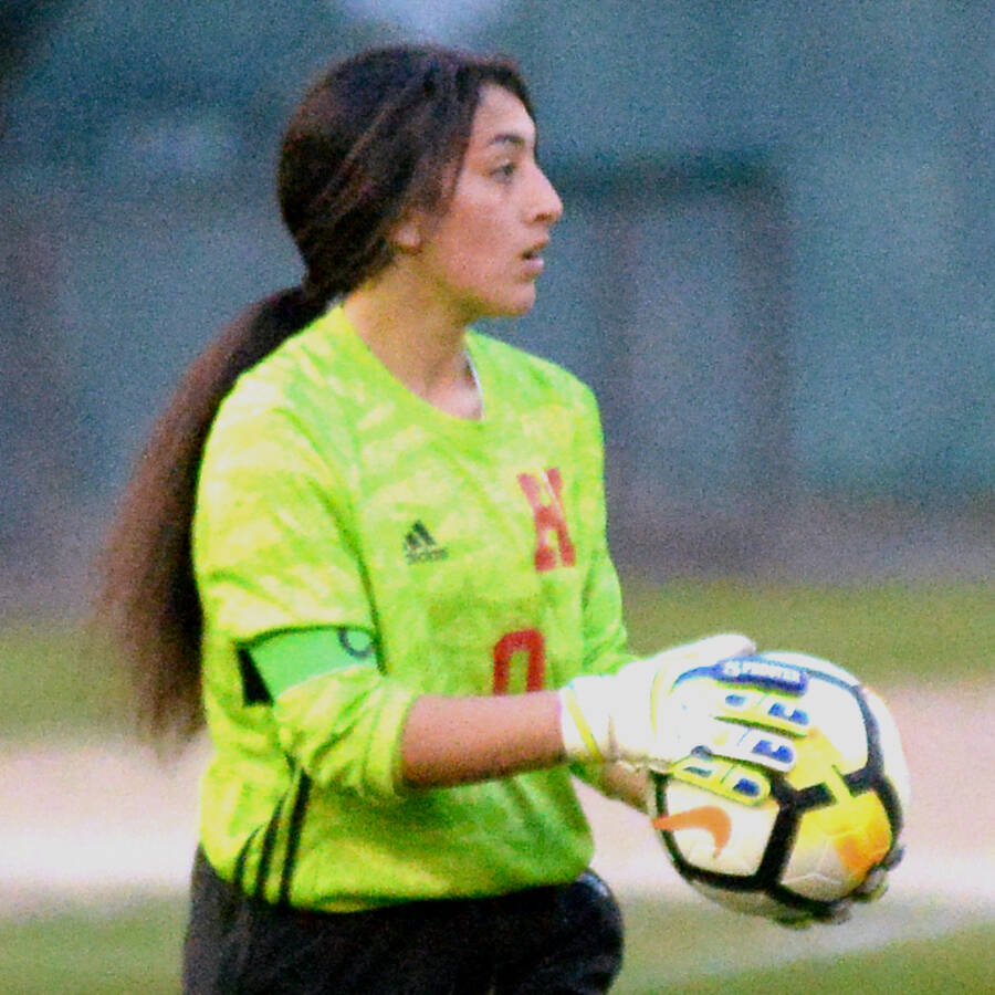 RYAN SPARKS | THE DAILY WORLD Hoquiam goal keeper Jemima Perez made several spectacular saves as Elma peppered the Grizzlies net during the Eagles 4-0 victory on Tuesday at Olympic Stadium in Hoquiam.