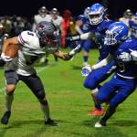 RYAN SPARKS | THE DAILY WORLD Hoquiam wide receiver Owen McNeill (3) faces off against Elma defender Kyren Hackney (9) during the Grizzlies 33-30 win over Elma on Friday in Elma. ONeill had two second half touchdowns to help secure the victory.