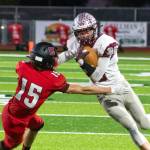 PHOTO BY JUSTIN DAMASIEWICZ Montesano wide receiver Kaleb Ames (35) caught five passes for 105 yards and a touchdown in the Bulldogs 35-14 win over Shelton on Friday at Shelton High School.