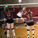 RYAN SPARKS | THE DAILY WORLD Montesano outside hitter Ashlyn Devereaux (3) records one of her 10 kills during the Bulldogs 3-0 win over Ocosta in a non-league match on Wednesday in Montesano.