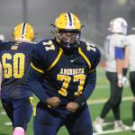 RYAN SPARKS | THE DAILY WORLD Aberdeen lineman Jabron Brooks shows his excitement after sacking Rochester quarterback Tate Quarnstrom in the second half of Aberdeens 35-8 victory over Rochester on Friday, Oct. 14, 2022 at Stewart Field in Aberdeen.