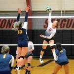 RYAN SPARKS | THE DAILY WORLD 
Raymond sophomore outside hitter Karsyn Freeman (6) gets one of her team best 12 kills during the Seagulls five-set victory on Tuesday at Raymond High School.