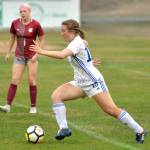 DAILY WORLD FILE PHOTO Elma senior Grace Spencer (19), seen here in a file photo, scored a hat trick in the Eagles 7-1 win over Eatonville on Senior Night Tuesday in Elma.