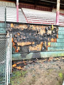 Provided photo 
A patch of fire damage in Olympic Stadium shows what might have been if not for a timely call to 911, and quick access from Hoquiam Firefighters inside the stadium.