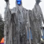 Matthew N. Wells / The Daily World
Phantom, the tallest figure in Kevin Farleys front yard, stands at 15 feet. The haunting look, met with a blue glow from out of his eyes and mouth, sends a fun, spooky tingle up the spine of people who wander along the sidewalk near North 1st Street and West McBryde Avenue in Montesano. I like to make kids happy, and seeing the smiles on peoples faces, Farley said. We do it for our family. We do it for our neighbors and our friends.