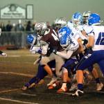 RYAN SPARKS | THE DAILY WORLD Montesano running back Gabe Bodwell (44) drags Elma tacklers during the first half of Montesanos 62-0 win on Friday, Oct. 28, 2022 at Jack Rottle Field in Montesano.