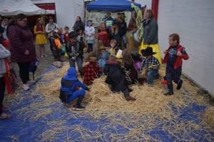 photos by Allen Leister / The Daily World 
Small groups of children from six to nine years old took turns rummaging through a large pile of hay to find candy, stickers, and snacks as fast as they could in the Halloween Scramble game during the Elma Fall Festival. Children ranging from three to five years old also got to play their own version of Halloween Scramble.