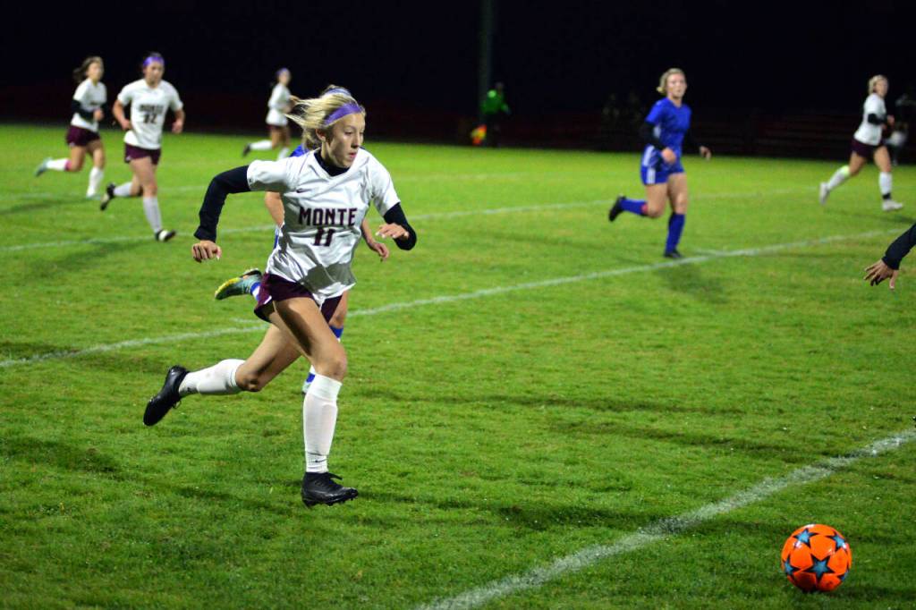 DAILY WORLD FILE PHOTO 
Montesano senior forward Lilly Causey races down the sideline during a game against Elma earlier this season. Causey was named to the 1A Evergreen Leagues First Team on Tuesday after scoring 13 goals this season.