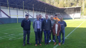 Rep. Derek Kilmer (D-Gig Harbor) (front center) met with Hoquiam City Administator Brian Shay (left of Kilmer) and other city officials to discuss the future funding needed to continue improvements for Olympic Stadium on Friday, Oct. 28, in Hoquiam. Legislative Representative Democrat Mike Chapman (District 24 Position 1) (behind Kilmer and Shay) was also in attendance. (Allen Leister / The Daily World)