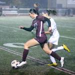 RYAN SPARKS | THE DAILY WORLD Montesano midfielder Bethanie Henderson races downfield during the first half of the Bulldogs 3-0 victory over Seton Catholic in a 1A District 4 Tournament semifinal game on Thursday, Nov. 3, 2022 in Montesano.