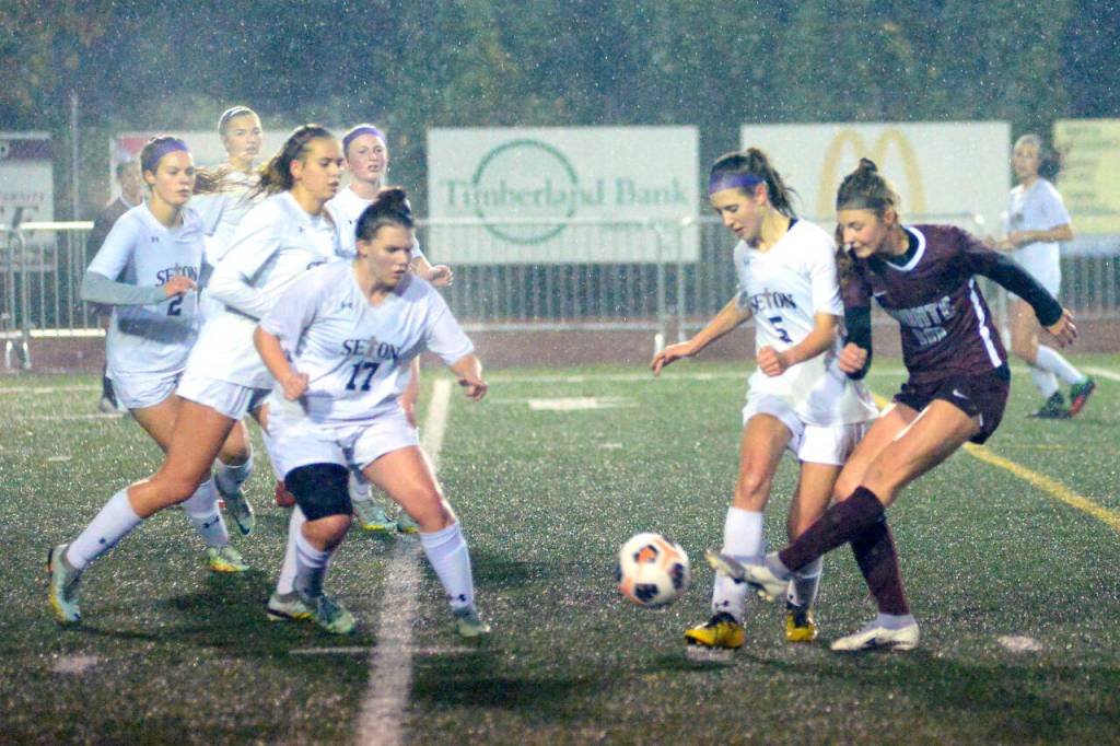 RYAN SPARKS | THE DAILY WORLD Montesano forward Mikayla Stanfield (10) takes a shot during the first half of the Bulldogs 3-0 win over Seton Catholic in a 1A District 4 Tournament semifinal game on Thursday, Nov. 3, 2022 in Montesano. Stanfields shot bounced off the crossbar and led to a header goal by teammate Lilly Causey.