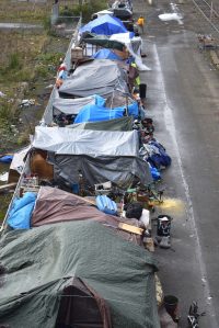 Matthew N. Wells / The Daily World 
A homeless encampment sits south of Aberdeens downtown core Thursday, with tented roofs, old bicycles and a few shopping carts that homeless residents have compiled for shelter.