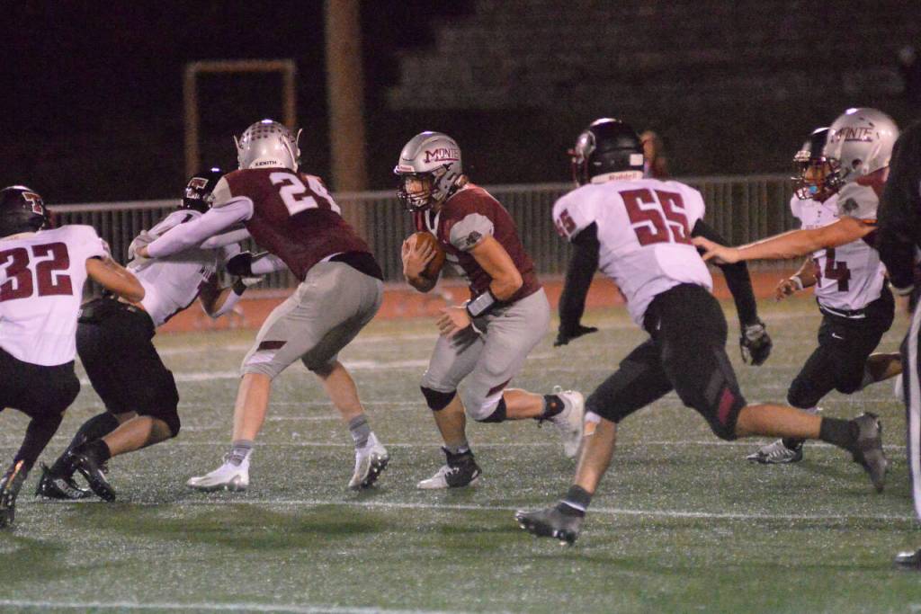 RYAN SPARKS / THE DAILY WORLD Montesano running back Ethan Blundred (7) carries the football during the Bulldogs 24-22 state-tournament win over Toppenish on Friday in Montesano.