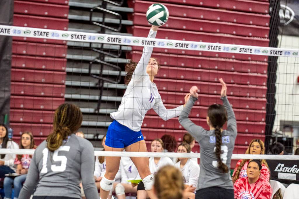 PHOTO BY ERIC TRENT 
Willapa Valleys Lauryn McGough (11) spikes the ball during a loser-out match against Grace Academy at the 1B State Volleyball Tournament at the Yakima Valley SunDome on Thursday. The Vikings lost the match 3-2.