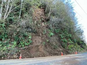 Matthew N. Wells / The Daily World 
Three cones at the foot of this hill mark where a landslide descended onto the 300 block of Broadway Avenue in East Hoquiam. The area of the slide has been a regular problem, and is one of the areas that is currently under design for repairs, according to Brian Shay, Hoquiams city administrator.