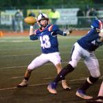 RYAN SPARKS | THE DAILY WORLD Pe Ell-Willapa Valley quarterback Kolten Fluke drops back to pass during the Titans 34-13 win over Raymond-South Bend in a 2B State quarterfinal game on Friday in Montesano.