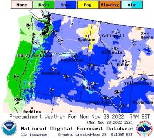 National Weather Service
A cold front will bring precipitation to much of the Pacific Northwest this week, including a chance of snow on Washingtons central coast.