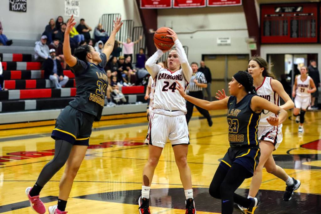 PHOTO BY LARRY BALE Raymond guard Karsyn Freeman (24) scored 37 points and grabbed 12 rebounds in a 66-43 win over Chief Leschi on Wednesday at Raymond High School.
