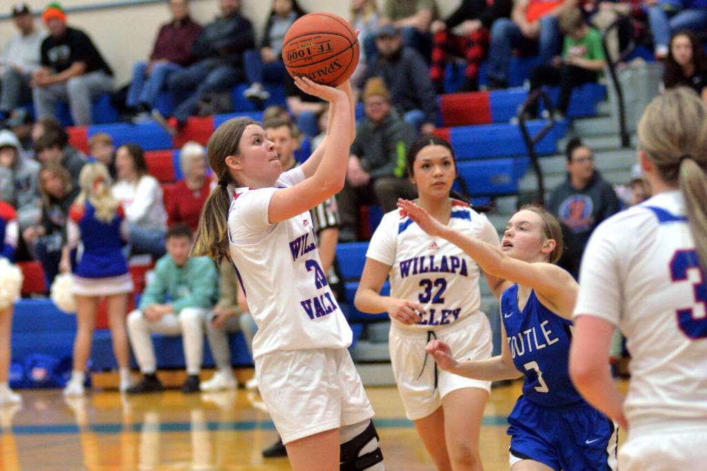 RYAN SPARKS | THE DAILY WORLD Willapa Valley guard Brooklyn Patrick puts up a shot in a 43-34 loss to Toutle Lake at the 15th Annual Jack Q. Pearson Holiday Classic on Thursday in Menlo.