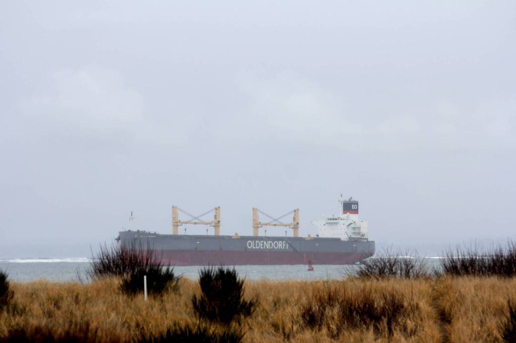 A ship lies off of Westport on Dec. 9. The Port of Grays Harbor has plans to expand operations with further development, aiming to substantially increase ship traffic. (Michael S. Lockett / The Daily World)