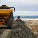 Courtesy photo / U.S. Army Corps of Engineers
Work trucks make their way to the project site during an emergency project to reinforce a storm barrier protecting the lands of the Shoalwater Bay Indian Tribe.