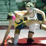 RYAN SPARKS | THE DAILY WORLD Aberdeens Mikey Hatton, left, tries to escape the grasp of Montesanos Kole Kiesbu during a dual meet on Wednesday at Montesano High School. Aberdeen would win the meet 45-33.