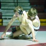 RYAN SPARKS | THE DAILY WORLD Montesanos Cole Ekerson, right, controls Aberdeens Michael Leontyev during a dual meet on Wednesday in Montesano.