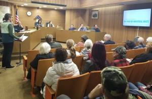 Allen Leister / The Daily World
Natalie Perry (standing at podium), a Montesano resident, presented to the Montesano City Council her rationale for the city to discontinue water fluoridation in the public water supply, a process thats been ongoing since 1961.