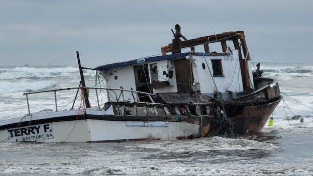 Courtesy photo / Washington Department of Ecology 
Dungeness crab boat Terry F. broke up and washed ashore off Westport, after setting out in rough weather on Dump Day, Saturday, Feb. 13, 2021.