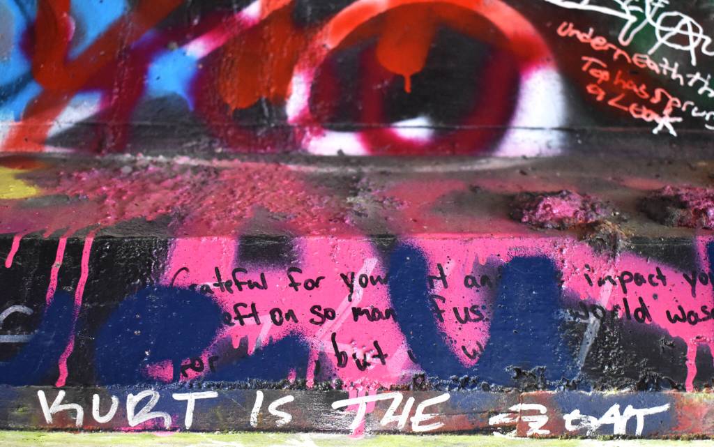 Matthew N. Wells / The Daily World
Grateful for your art, leads a sentimental message from an unknown fan. The message is on the underside of the Young Street Bridge, which is supposed to be replaced in the next few years. Another message, KURT IS THE GOAT, a reference to Nirvana founder Kurt Cobain as being the Greatest of All Time, is below.