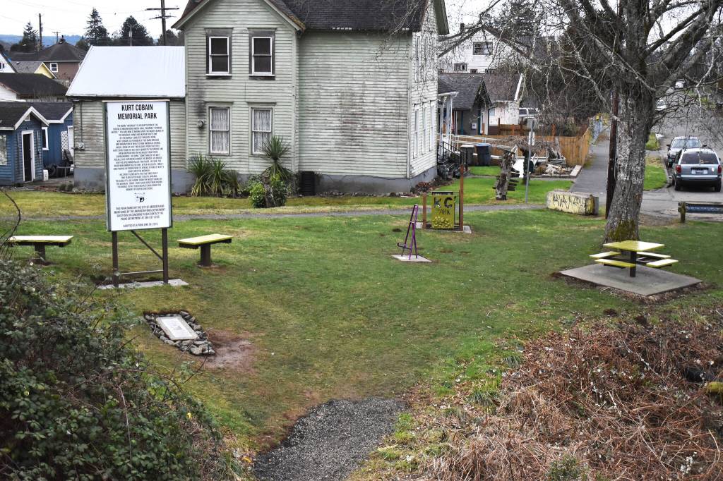 Kurt Cobain Memorial Park, seen from the Young Street Bridge, in North Aberdeen. The park sits about a two-minute walk from the childhood home of Cobain, the founder of Nirvana who is credited with starting the Grunge rock genre. The house that sits behind the sign is not part of the park. (Matthew N. Wells / The Daily World)