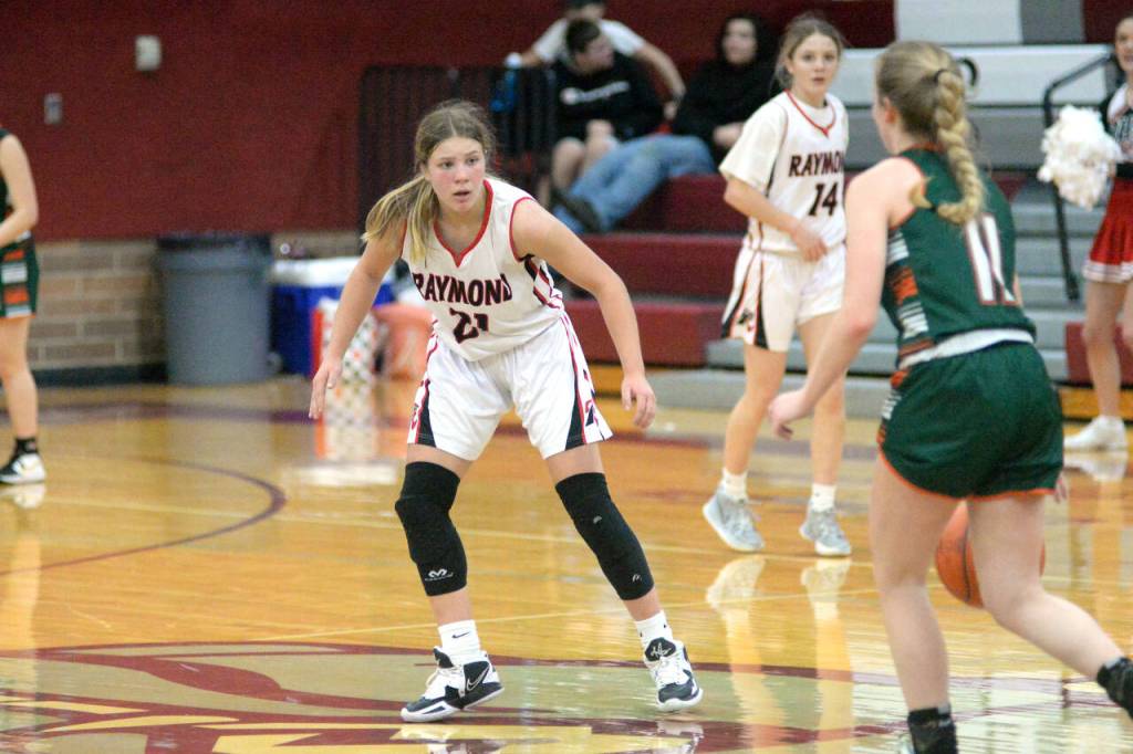 RYAN SPARKS | THE DAILY WORLD Raymonds Kassie Koski is locked in on defense during the 60-41 victory over Morton-White Pass in the 2B District 4 Tournament on Saturday at Montesano High School.