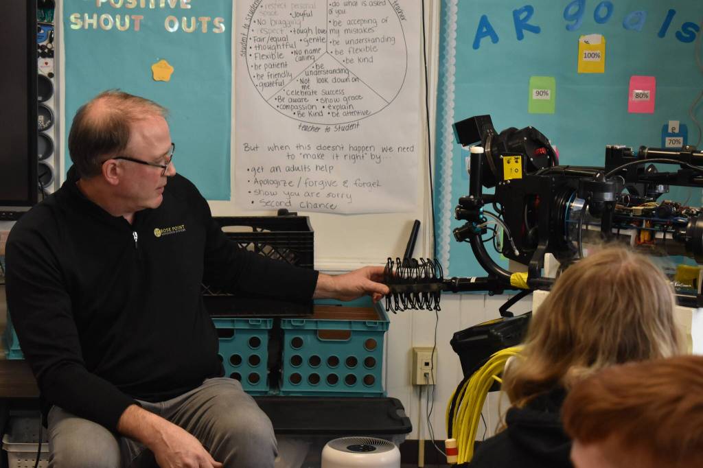 Jeff Hummel showed off his homemade robot, nicknamed Falkor, to students at Satsop Elementary Friday, Feb. 10. Hummel used the robot to recover initial artifacts from the SS Pacific.