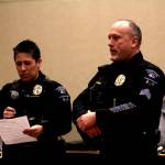 Ocean Shores Police Chief Neccie Logan, left, recognizes Sgt. Chris Iversen, who was recently named the Veterans of Foreign Wars police officer of the year by the local chapter, on Feb 13. (Michael S. Lockett / The Daily World)