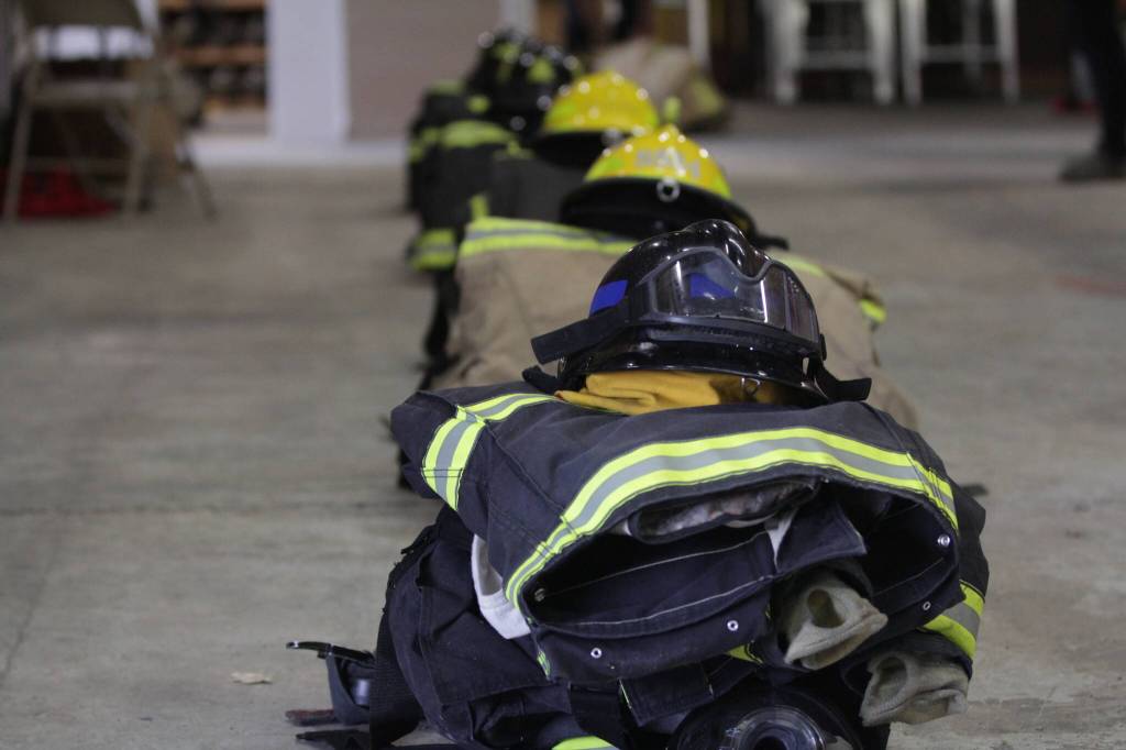 Photos by Michael S. Lockett / The Daily World
The accoutrements of firefighting lay stacked in orderly rows while members of the firefighter academy, held this year in Westport, are away on lunch on Feb. 18.
